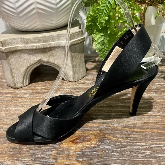 Salvatore Ferragamo Black Satin Slingback Luxury Italian Heels Evening Shoe