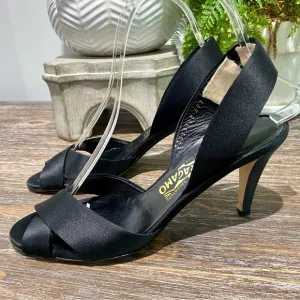 Salvatore Ferragamo Black Satin Slingback Luxury Italian Heels Evening Shoe
