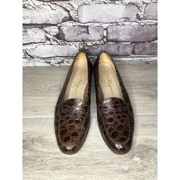 Salvatore Ferragamo Boutique Brown Leather Croc Print Pump Shoes Women Sz 9B US