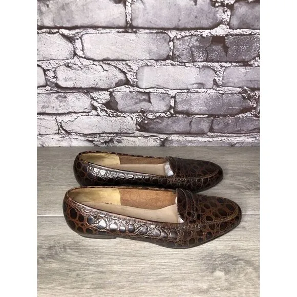Salvatore Ferragamo Boutique Brown Leather Croc Print Pump Shoes Women Sz 9B US