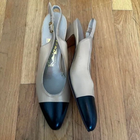 Salvatore Ferragamo vintage cream and black leather slingback shoes