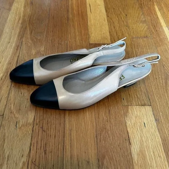 Salvatore Ferragamo vintage cream and black leather slingback shoes