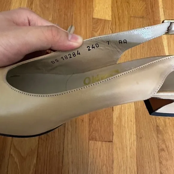 Salvatore Ferragamo vintage cream and black leather slingback shoes