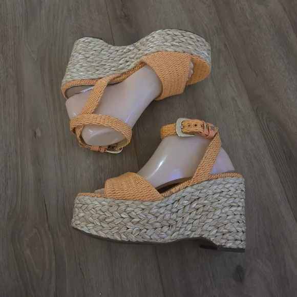 Sam Edelman April Espadrille Platform Sandals in Mari Gold Raffia NWT