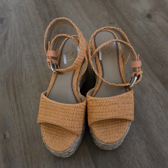 Sam Edelman April Espadrille Platform Sandals in Mari Gold Raffia NWT
