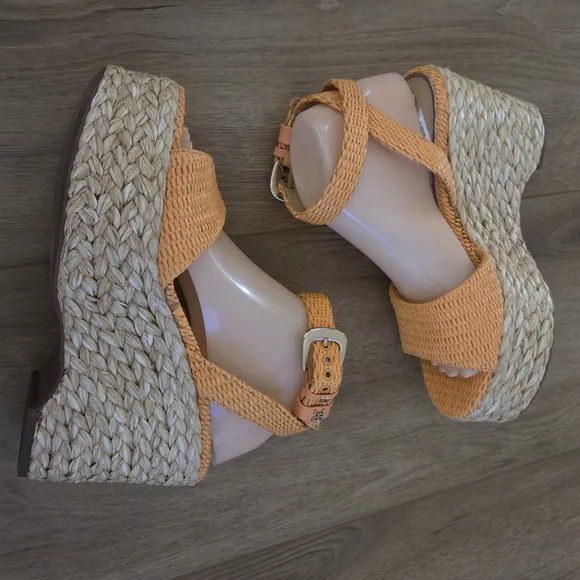 Sam Edelman April Espadrille Platform Sandals in Mari Gold Raffia NWT