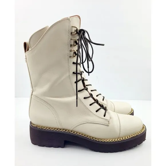Sam Edelman Ivory Leather Combat Lace Up Mid-Calf Boots - Size 7