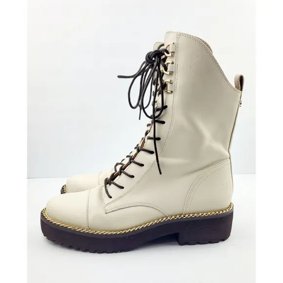 Sam Edelman Ivory Leather Combat Lace Up Mid-Calf Boots - Size 7