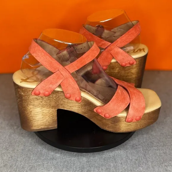 Sam Edelman Josefine Coral Pink Wood Block Chunky Heel Size 9 EU 39
