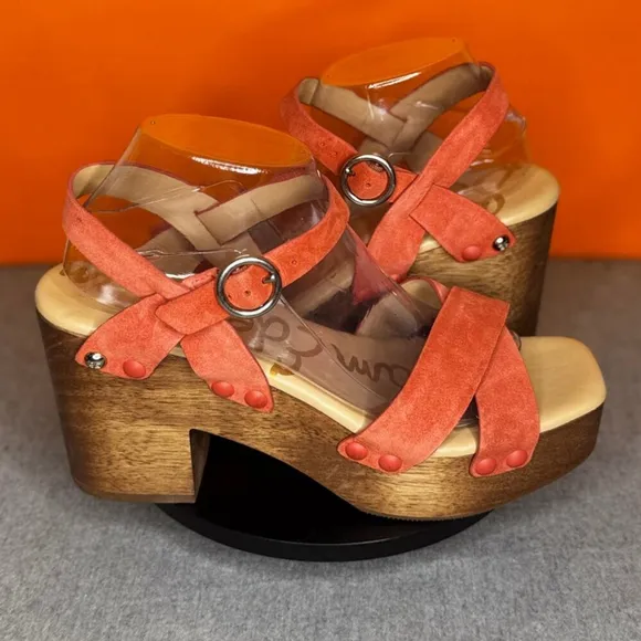 Sam Edelman Josefine Coral Pink Wood Block Chunky Heel Size 9 EU 39