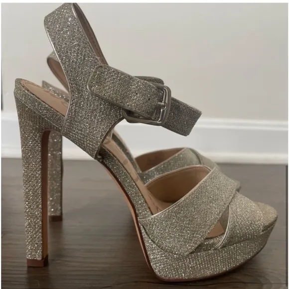 Sam Edelman Willa Metallic Champagne Glitter Platform Sandals NEW