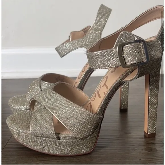 Sam Edelman Willa Metallic Champagne Glitter Platform Sandals NEW