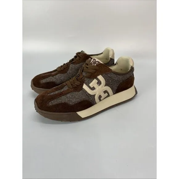 Sam Edelman Women Langley Lace Up Brown Houndstooth Suede Fashion Sneaker 8.5