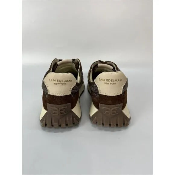 Sam Edelman Women Langley Lace Up Brown Houndstooth Suede Fashion Sneaker 8.5
