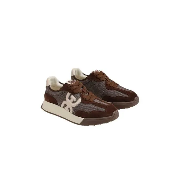 Sam Edelman Women Langley Lace Up Brown Houndstooth Suede Fashion Sneaker 8.5