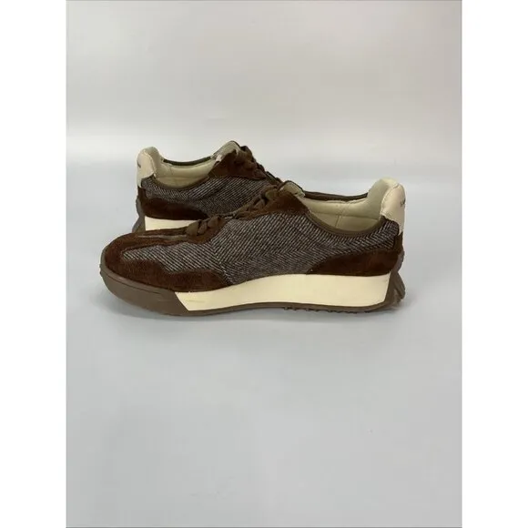 Sam Edelman Women Langley Lace Up Brown Houndstooth Suede Fashion Sneaker 8.5