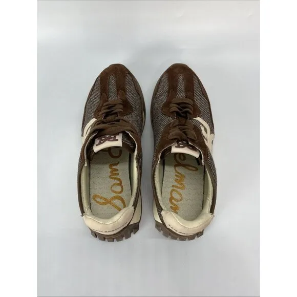 Sam Edelman Women Langley Lace Up Brown Houndstooth Suede Fashion Sneaker 8.5