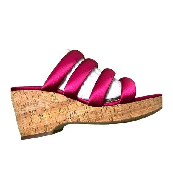 Sam Edelman Womens Red Satin Strappy Open Toe Cork Wedge Sandals Sz 8 M NIB