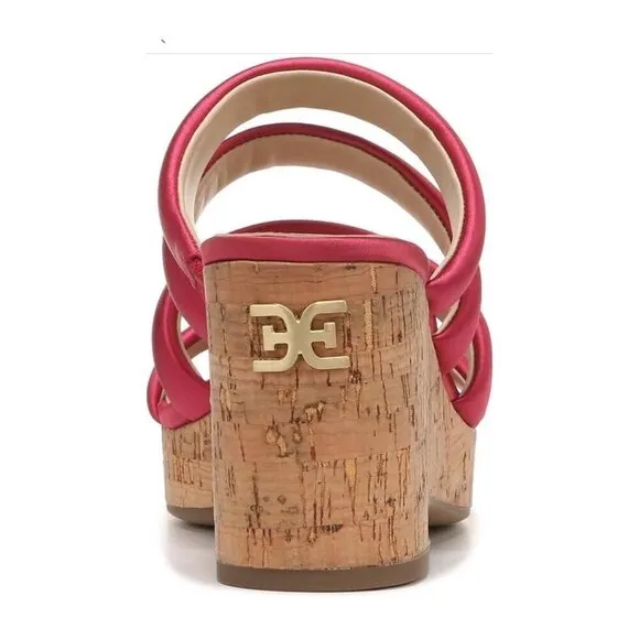 Sam Edelman Womens Red Satin Strappy Open Toe Cork Wedge Sandals Sz 8 M NIB