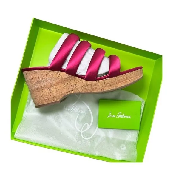 Sam Edelman Womens Red Satin Strappy Open Toe Cork Wedge Sandals Sz 8 M NIB