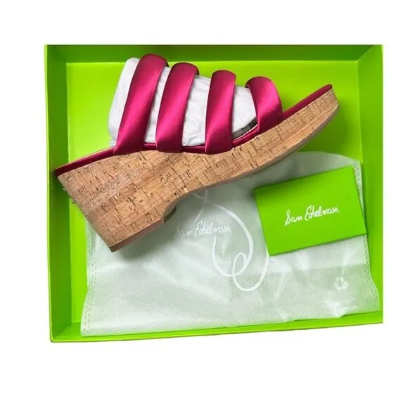 Sam Edelman Womens Red Satin Strappy Open Toe Cork Wedge Sandals Sz 8 M NIB
