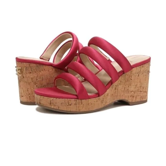 Sam Edelman Womens Red Satin Strappy Open Toe Cork Wedge Sandals Sz 8 M NIB