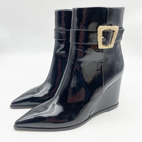 Sam Edelman Womens Weslie 2 Black Patent Pointed Toe Wedge Boots Shoes