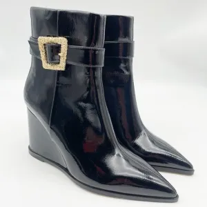 Sam Edelman Womens Weslie 2 Black Patent Pointed Toe Wedge Boots Shoes