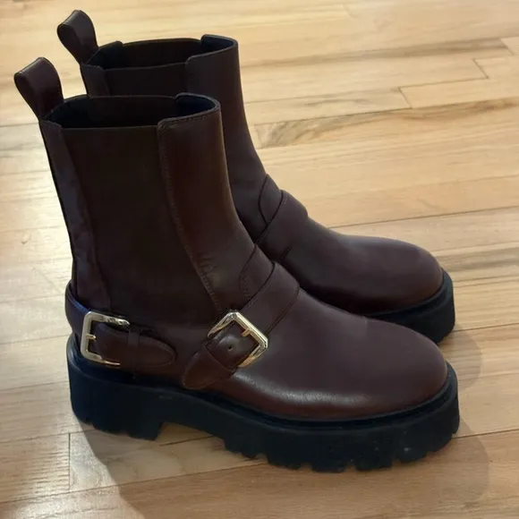 Sandro Brown and Black Combat Moto Boots