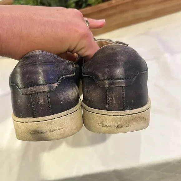 Santoni Stained Leather Low-Cut Sneakers shoes Navy Blue men’s size 10