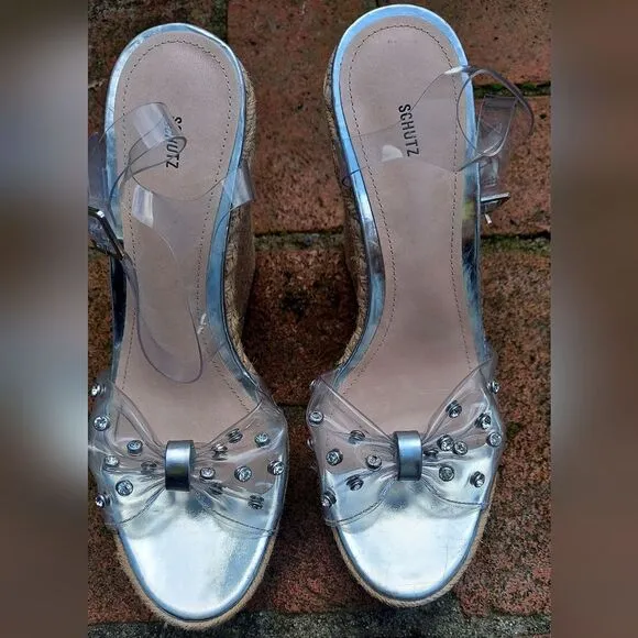 SCHUTZ Plastic Acrylic Rhinestone Wedge Shoes NWT Size 10 B Made in Brazil