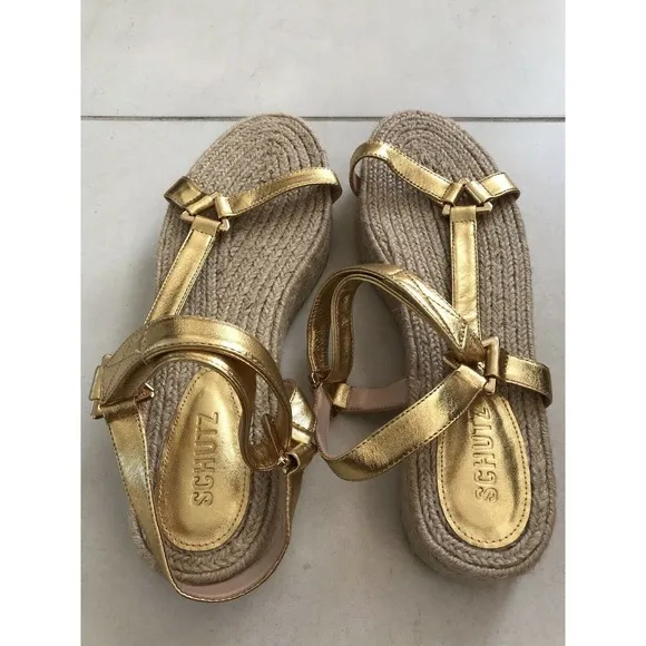 Schutz Sandalia Salto Baixo Jute Gold Metallic Platform Sandals