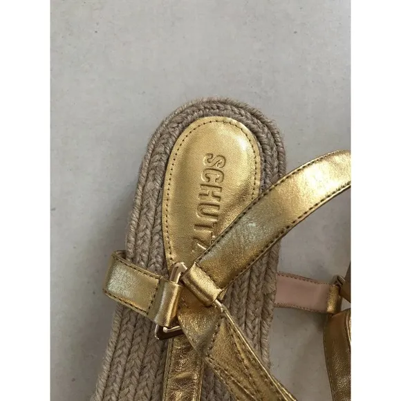 Schutz Sandalia Salto Baixo Jute Gold Metallic Platform Sandals