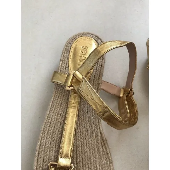 Schutz Sandalia Salto Baixo Jute Gold Metallic Platform Sandals