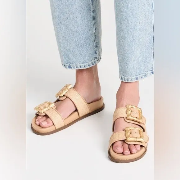 SCHUTZ Women’s Enola Woven Gold Buckle Sandals Slides