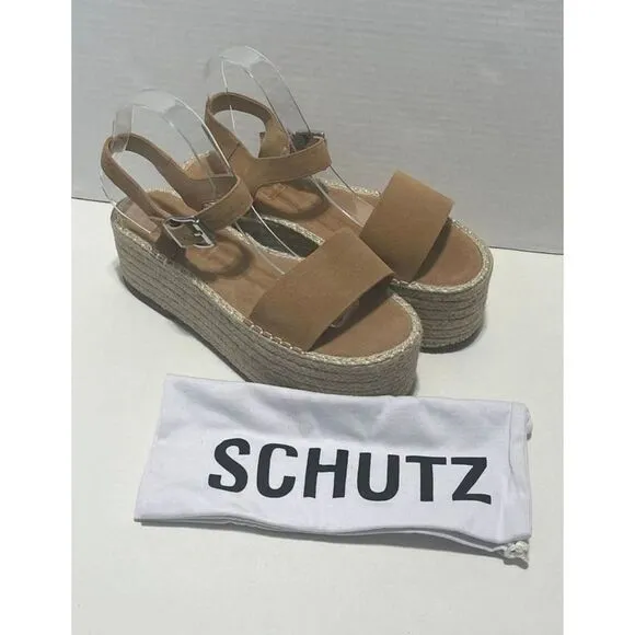 Schutz Vanderlita Suede Platform Jute Espadrille Sandals Desert Tan Size 10
