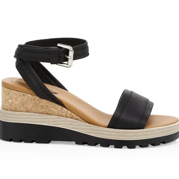 See By Chloé Robin Black Leather Cork Platform Wedge Sandals sz 35