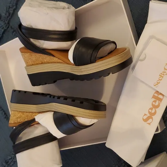 See By Chloé Robin Black Leather Cork Platform Wedge Sandals sz 35