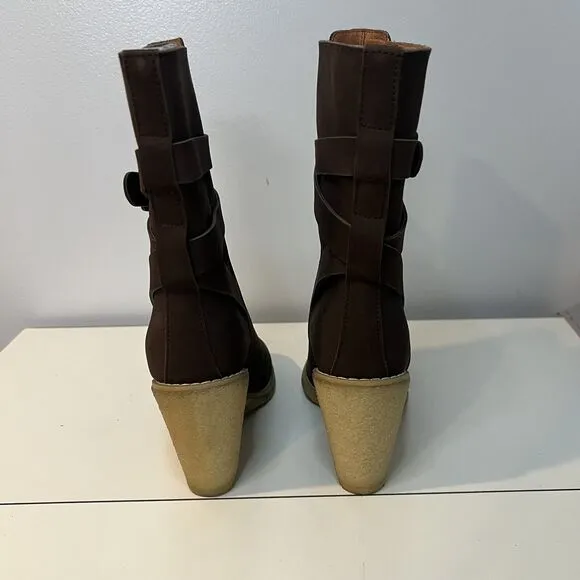 See by Chloe Nubuck Wedge Boots Shoes Mid Calf Wrap Around Strap Buckle 6 6.5