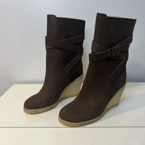 See by Chloe Nubuck Wedge Boots Shoes Mid Calf Wrap Around Strap Buckle 6 6.5
