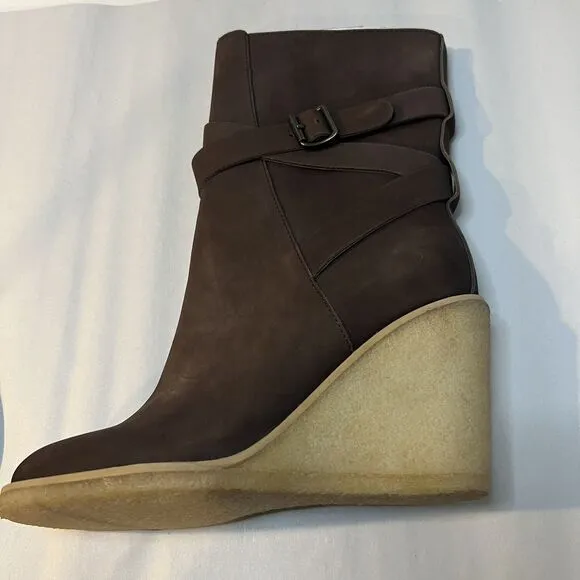 See by Chloe Nubuck Wedge Boots Shoes Mid Calf Wrap Around Strap Buckle 6 6.5