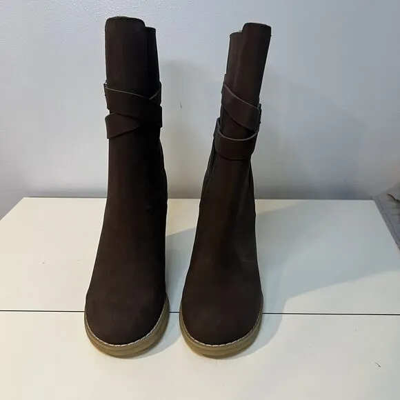 See by Chloe Nubuck Wedge Boots Shoes Mid Calf Wrap Around Strap Buckle 6 6.5