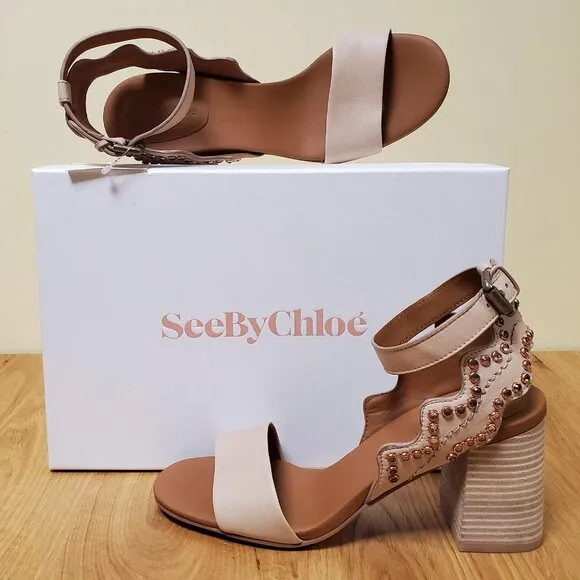 SEE BY CHLOE SHOES CRYSTAL BEIGE LEATHER SANDALS SCALLOPED sz 39 9