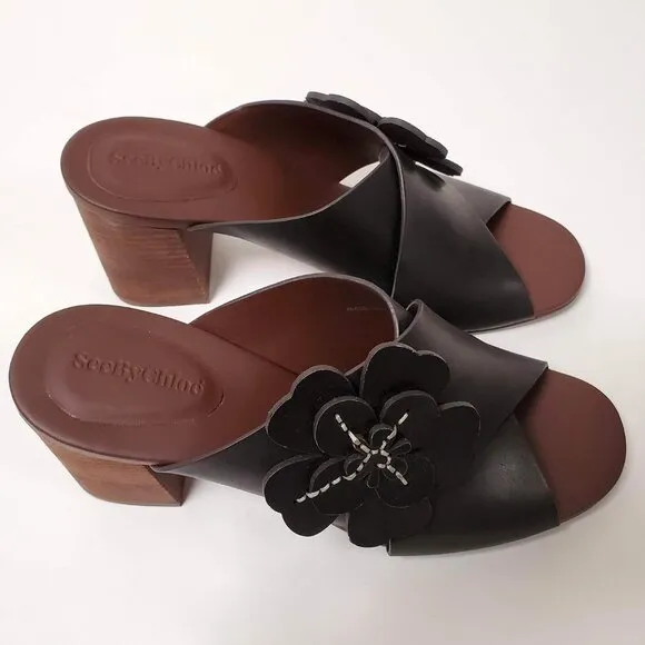 SEE BY CHLOE SHOES FLOWER APPLIQUE MULE LEATHER SANDALS sz 40 10