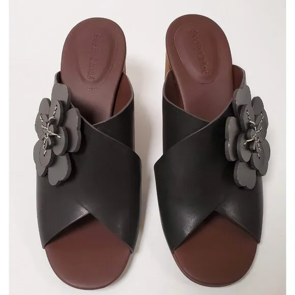 SEE BY CHLOE SHOES FLOWER APPLIQUE MULE LEATHER SANDALS sz 40 10