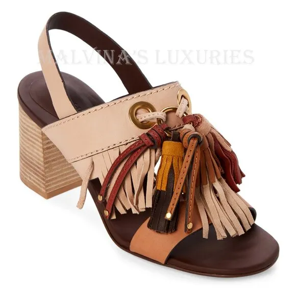 SEE BY CHLOE SHOES FRINGED TASSEL LEATHER SLINGBACK SANDALS sz 38.5 8.5
