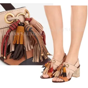 SEE BY CHLOE SHOES FRINGED TASSEL LEATHER SLINGBACK SANDALS sz 38.5 8.5
