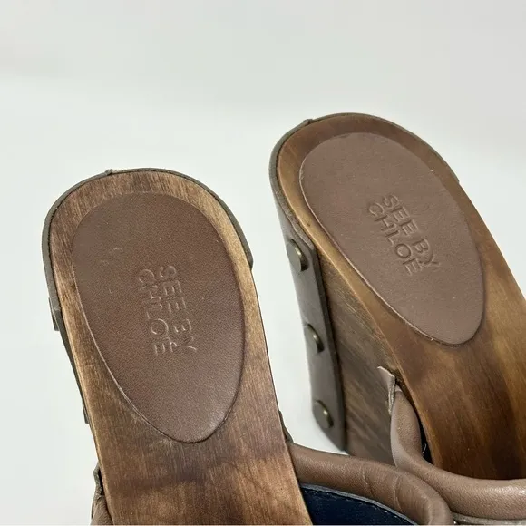 See by Chloe Wood Heel Wedge Leather Brown Shoes EU 37