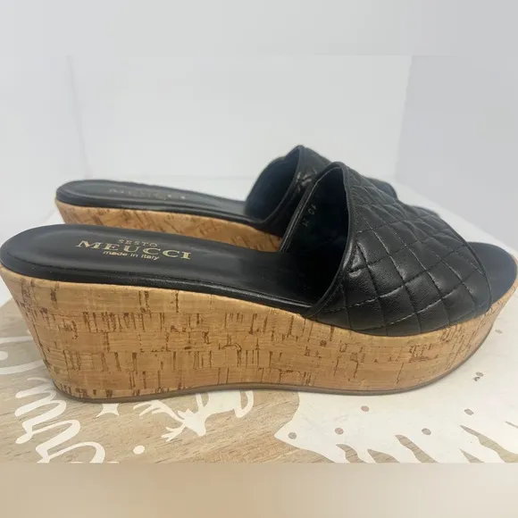 Sesto Meucci Black Quilted Leather &amp; Cork Platform Sandals Size 10M