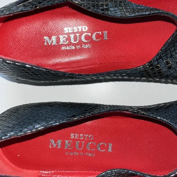 Sesto Meucci Women’s Black Bronze Leather Snakeskin Flat Shoes Sz 7.5 Italian‎
